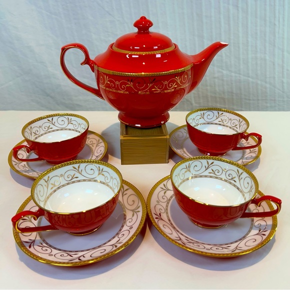 Teavana Ruby Filigree 10 Piece Teapot and Cups set with 10k Gold Accents - Picture 1 of 16